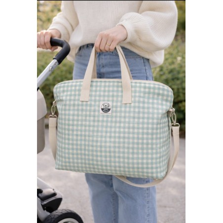 Bolso de maternidad acolchado y hecho a mano en tejido seersucker bicolor aqua, cream