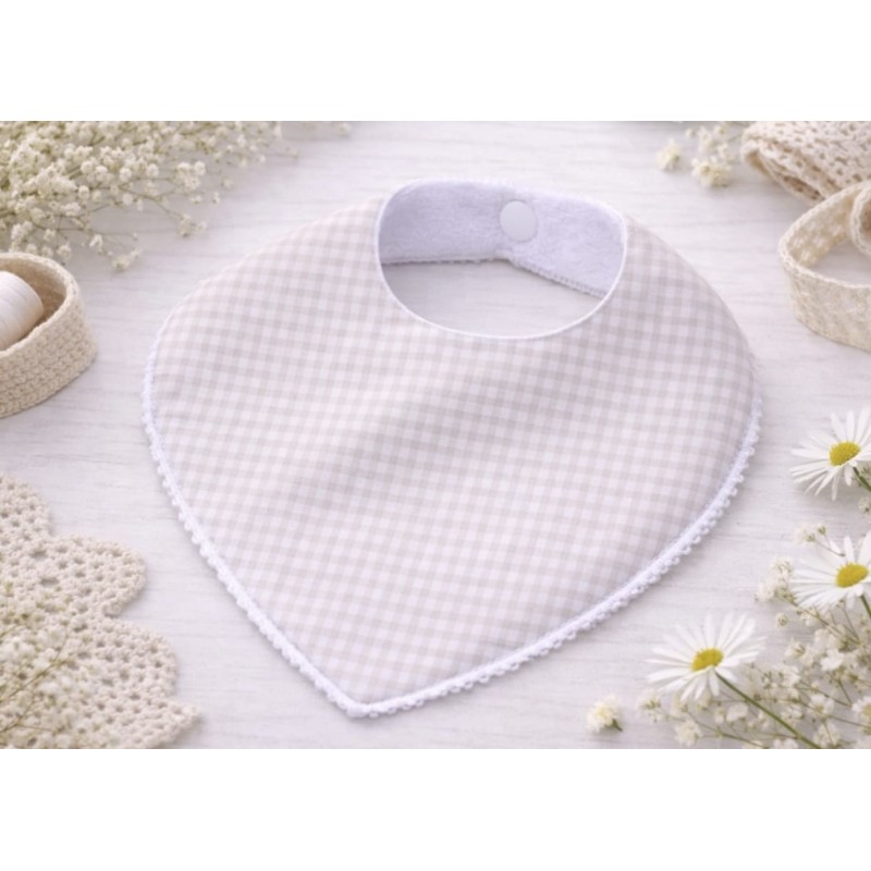 Babero de bebé hecho a mano Vichy mini beige claro pastel