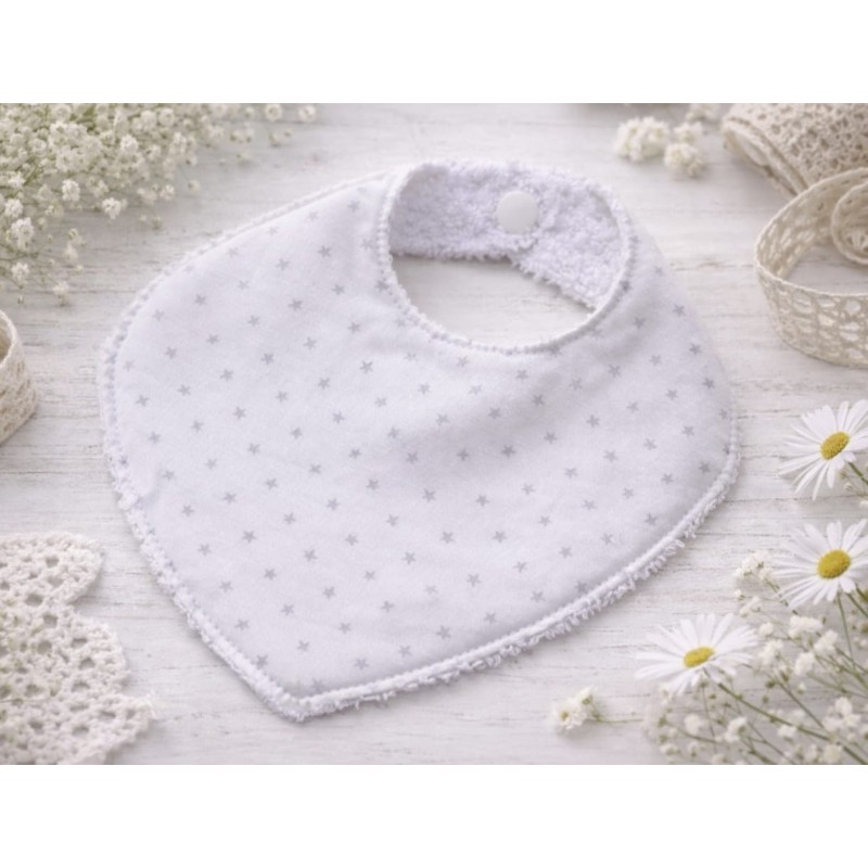 Babero de bebé hecho a mano Estrellas gris claro pastel