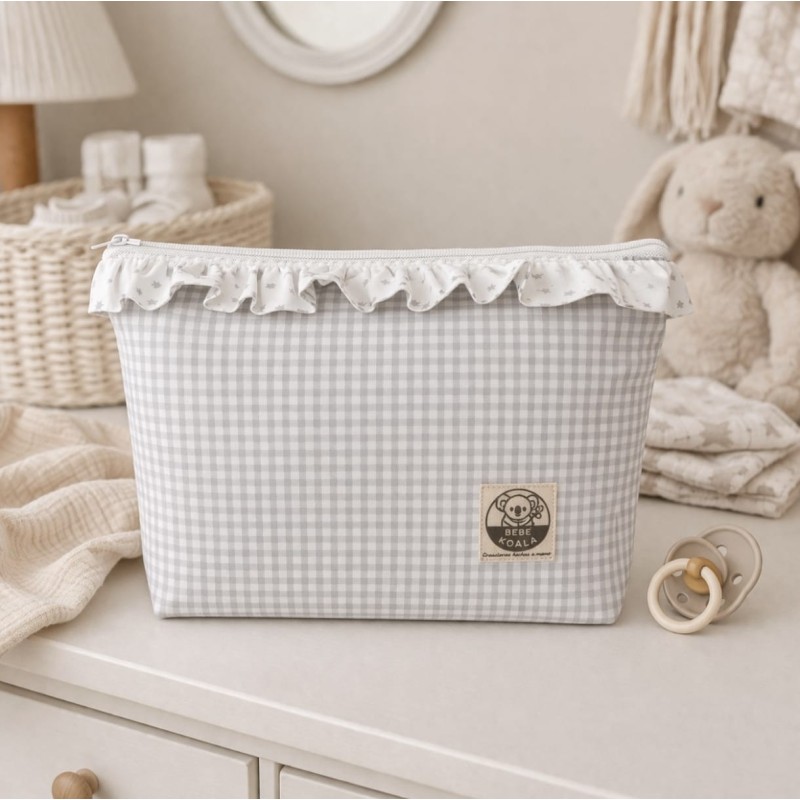 Neceser Vichy gris claro pastel con volante en estrellas grises