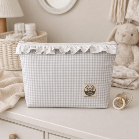 Neceser Vichy gris claro pastel con volante en estrellas grises