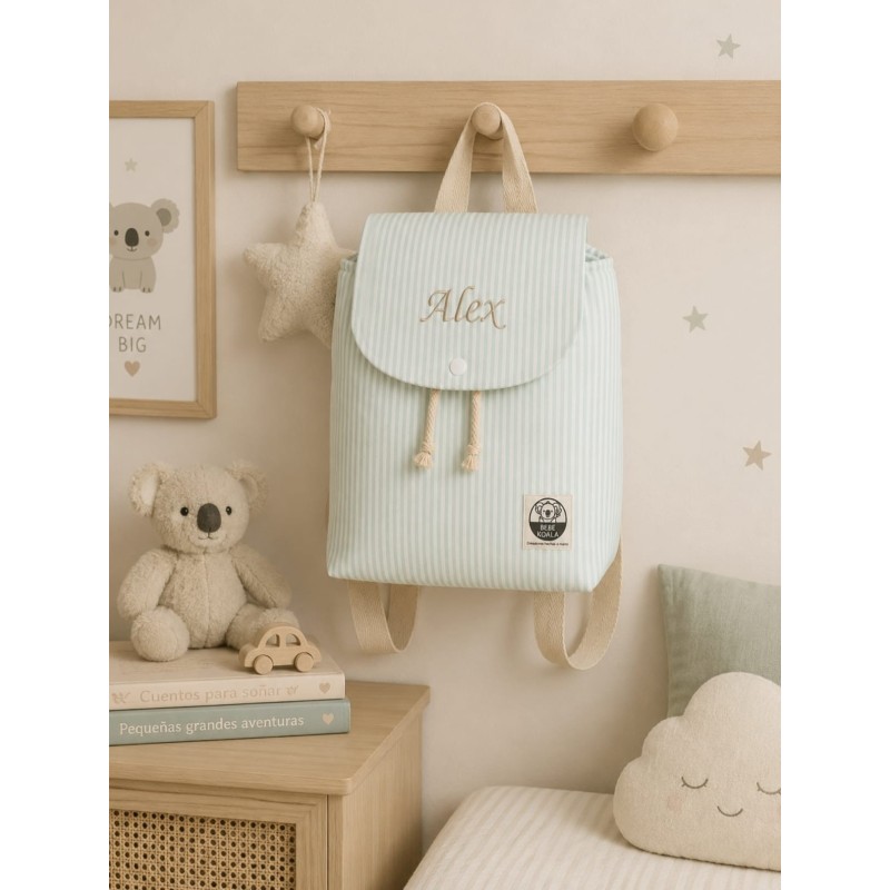 MOCHILA INFANTIL EN RAYAS BLANCAS Y MINT